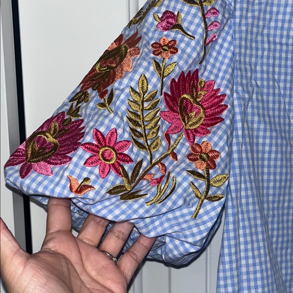 Boutique Blue Gingham Top with Floral Embroidery - Picture 2 of 9